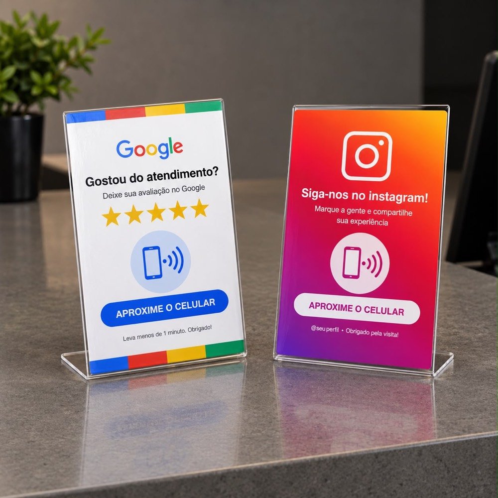 Duas plaquinhas NFC de acrílico em suporte em L sobre um balcão: uma de avaliação do Google e outra de Instagram